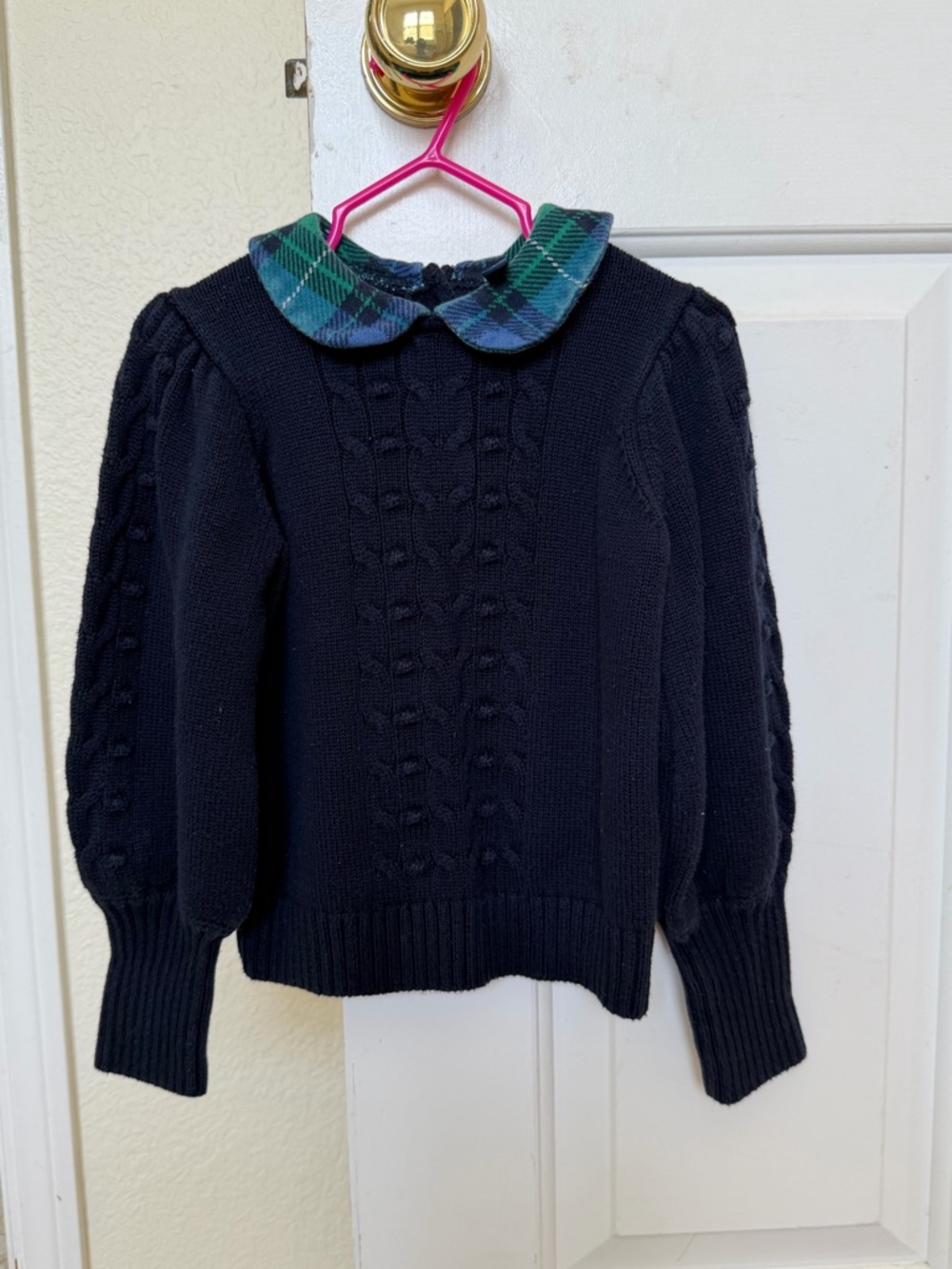 Janie and Jack Navy Cable Knit Sweater with Green Plaid Peter Collar